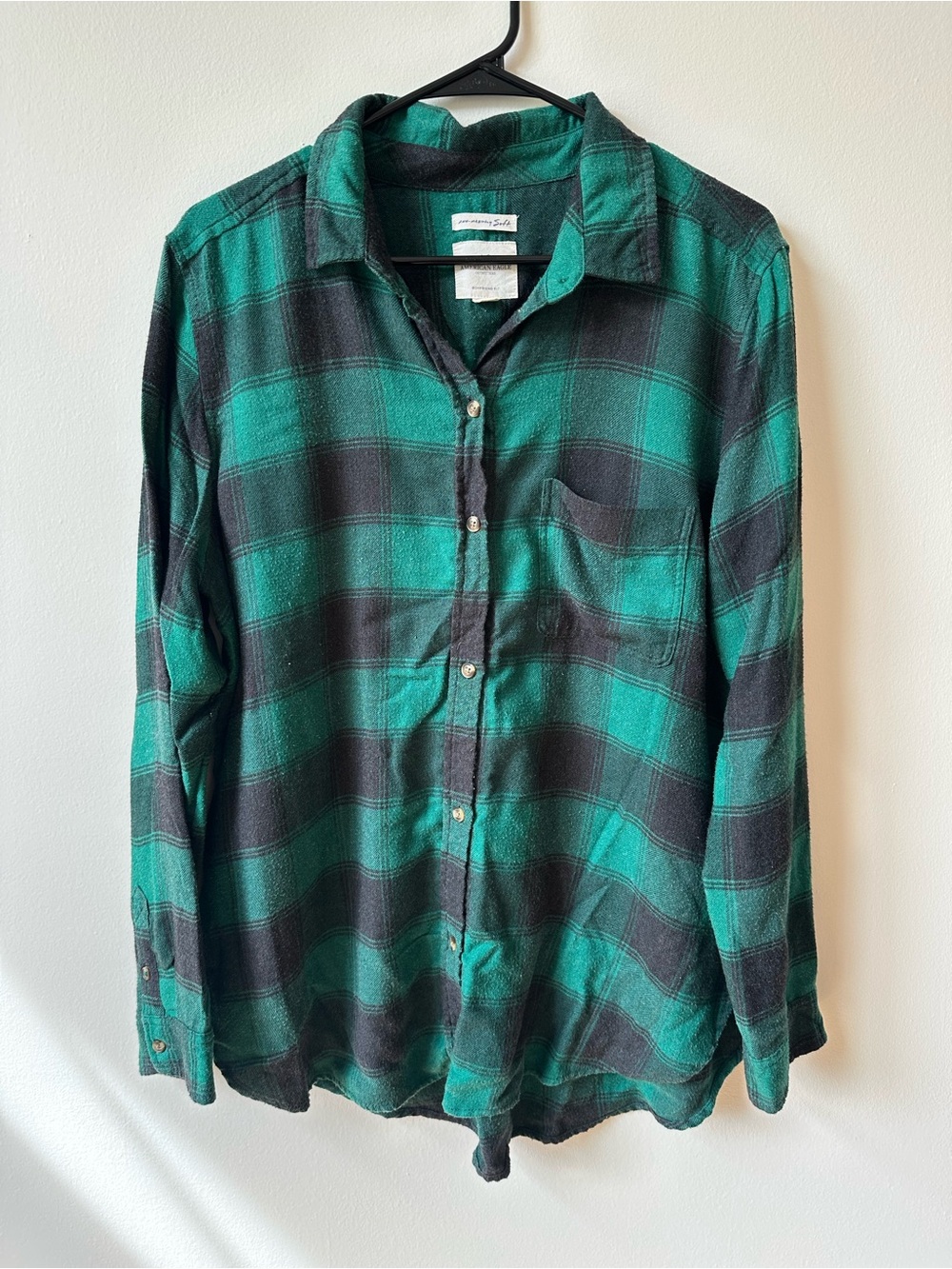 American Eagle Outfitters Boyfriend Fit Green and Black Plaid Shirt